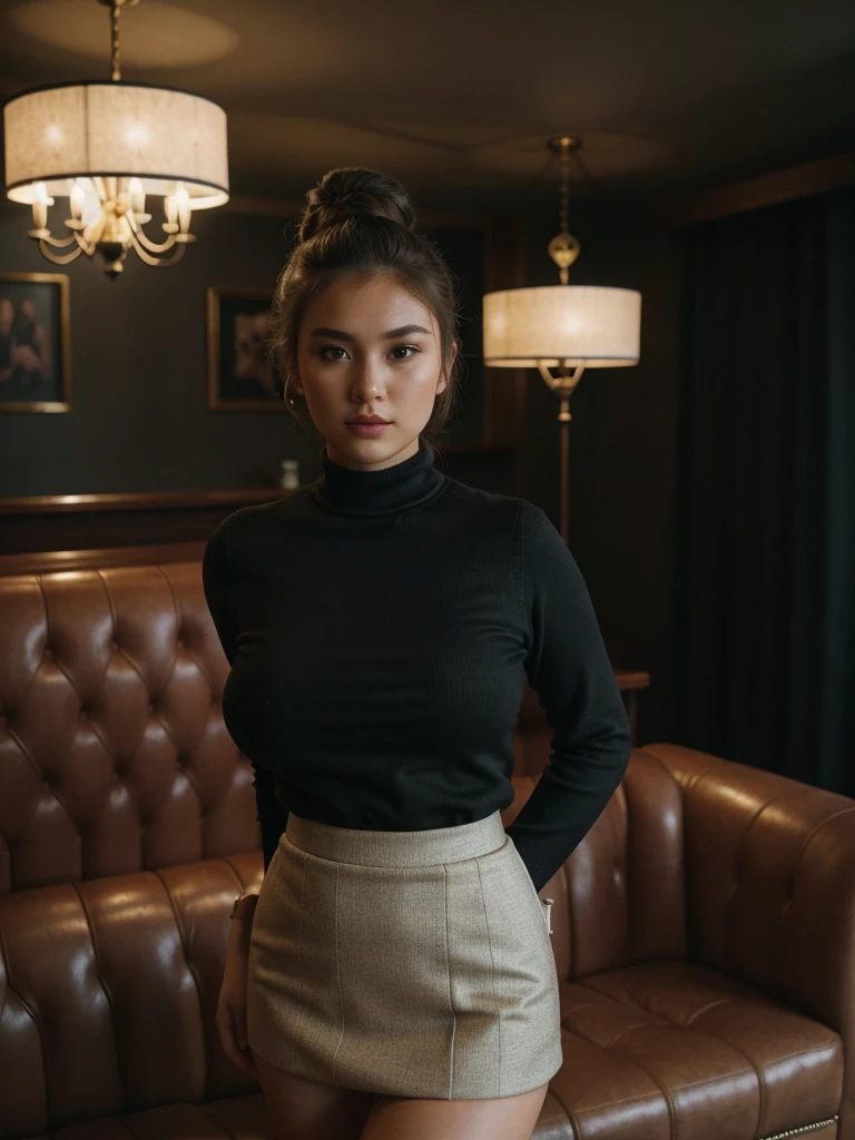 (full body shot:1.3), Best quality, 20y, (chubby:1.2), 1girl, kazakh, wearing sweater and skirt, big breast, (sexy:1.2) (messy bun hairstyle:1.2), hair blowing in the wind, moody, deep shadow, (dramatic posing:1.2), sofa, in vintage bar, detailed face and eyes, (perfect object:1.2), portra 400, (cinematic dark lighting:1.3), (ultra highres;1.3), highly detailed:1.3), masterpiece, (sharp focus:1.2), beautiful film bokeh, (surreal view:1.5), candid style, shot by zenit camera with 35mm lens, Portrait by annie leibovitz