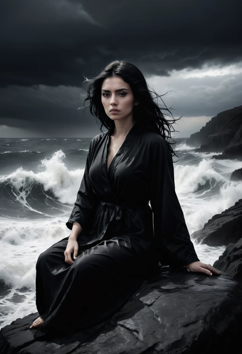 A beautiful lady in dark robe sitting atop a rock in the middle of a sea, facing straight to the camera. The wind is strong, her black hair and her long tattered robe are fluttering in the wind direction. Black and white photo with dramatic effect. The sky is dark and stormy. Wave crash the rock she is seated on. too dark, chiaroscuro, low-key