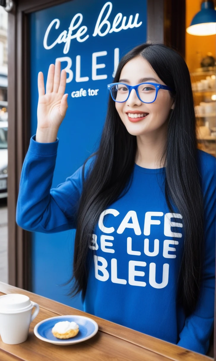 make a cafe with a sign that says Café Bleu. Inside, theres a woman with long black hair and glases. she is waving. 