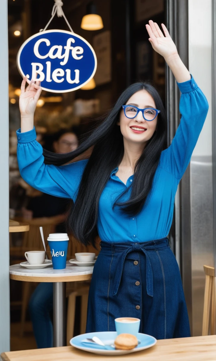 make a cafe with a sign that says Café Bleu. Inside, theres a woman with long black hair and glases. she is waving.
