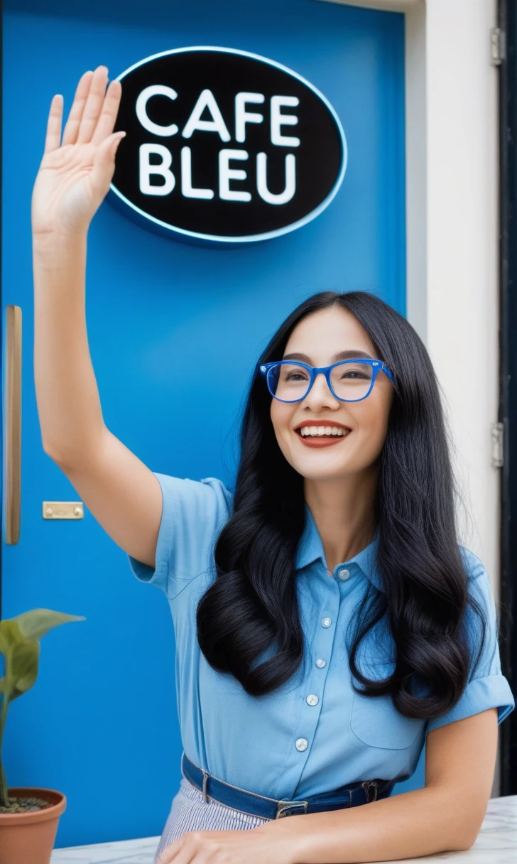 make a cafe with a sign that says Café Bleu. Inside, theres a woman with long black hair and glases. she is waving.