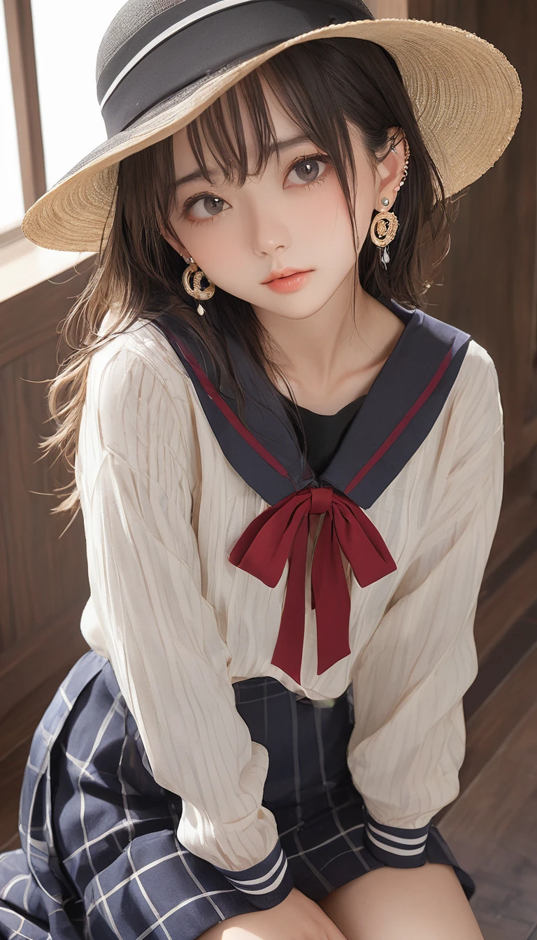 (masterpiece, Highest quality:1.2), One girl, alone,bony body、15 years old、hat、Earrings