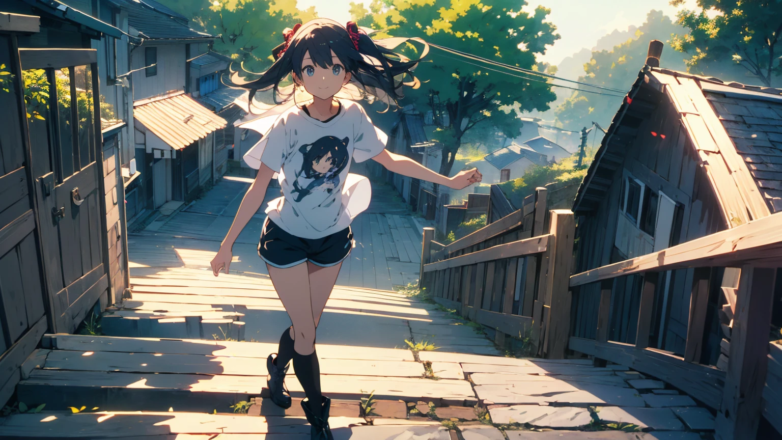 (Highest quality、masterpiece、High resolution、detailed)、(Shining Eyes、detailed美しい顔)、1 Girl、(T-Shirts,Shorts),smile,short boots,outskirts、Slope background、Beautiful Anime