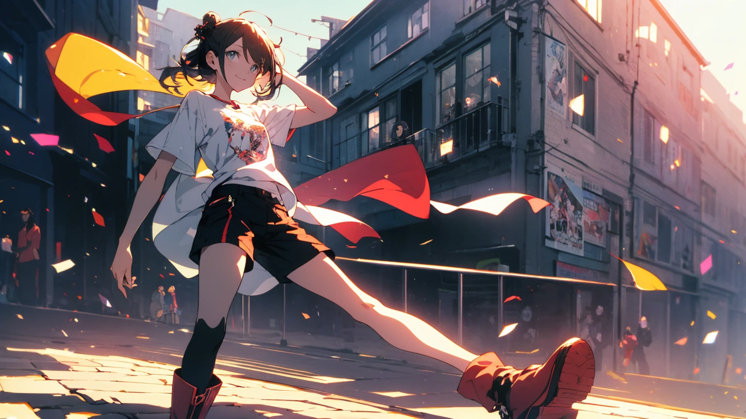 (Highest quality、masterpiece、High resolution、detailed)、(Shining Eyes、detailed美しい顔)、1 Girl、(T-Shirts,Shorts),smile,short boots,outskirts、Slope background、Beautiful Anime