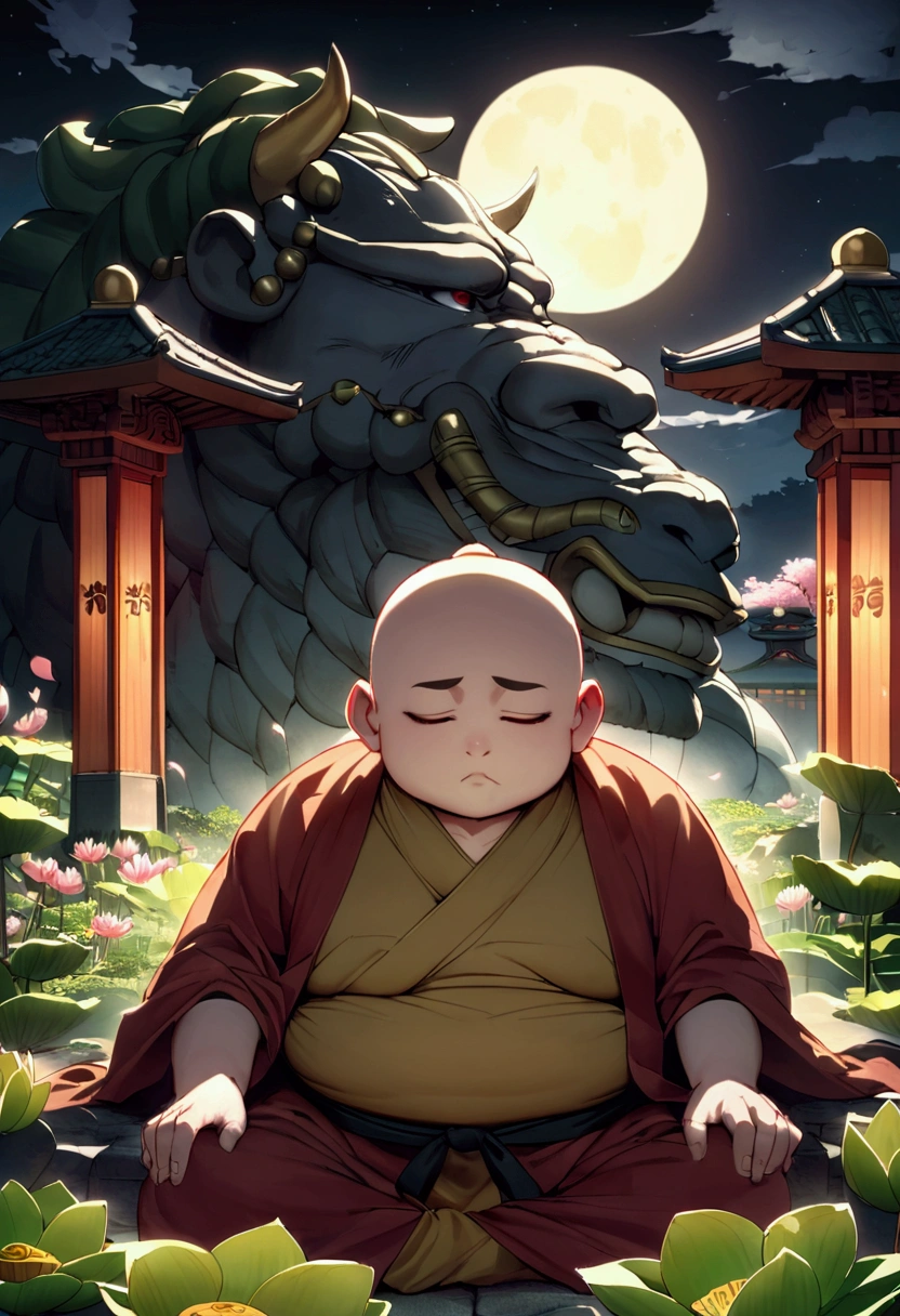 One Punch Man, a slightly overweight monk, Cherry blossom temple garden at night, Full moon and lotus, close your eyes、Dragon God、The Buddha is watching、Hunter、4K
