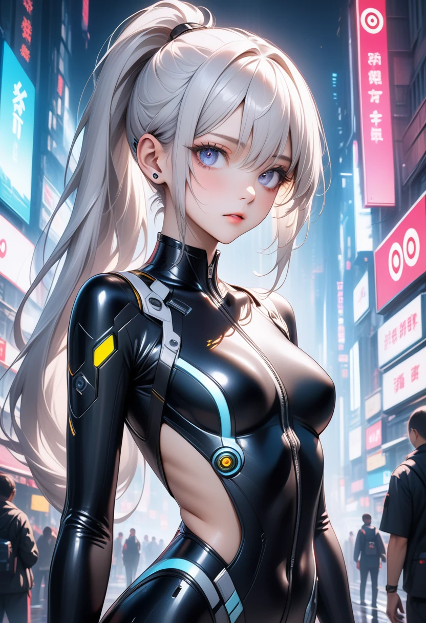 1girl, ((very long ponytail)), white hair, (beautiful detailed eyes), silver eyes, ((target shaped eye)), intricate plug suit, side cutout, clavicle, cyberpunk city, futuristic, masterpiece, best quality, very aesthetic, absurdres, newest, ai-generated, intricate details, realistic, photorealistic