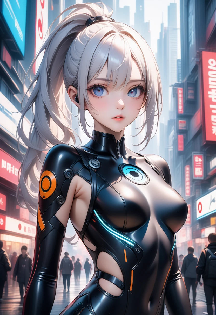 1girl, ((very long ponytail)), white hair, (beautiful detailed eyes), silver eyes, ((target shaped eye)), intricate plug suit, side cutout, clavicle, cyberpunk city, futuristic, masterpiece, best quality, very aesthetic, absurdres, newest, ai-generated, intricate details, realistic, photorealistic