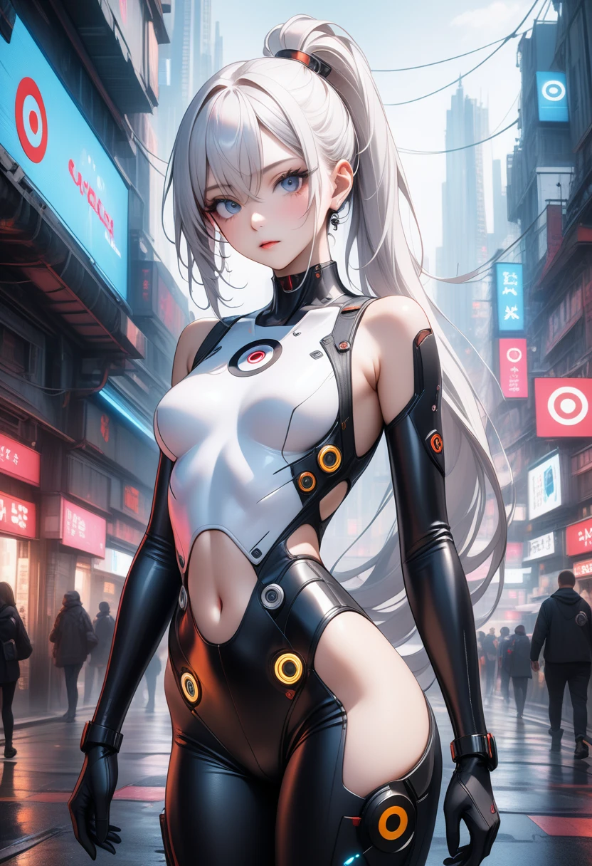 1girl, ((very long ponytail)), white hair, (beautiful detailed eyes), silver eyes, ((target shaped eye)), intricate plug suit, side cutout, clavicle, cyberpunk city, futuristic, masterpiece, best quality, very aesthetic, absurdres, newest, ai-generated, intricate details, realistic, photorealistic