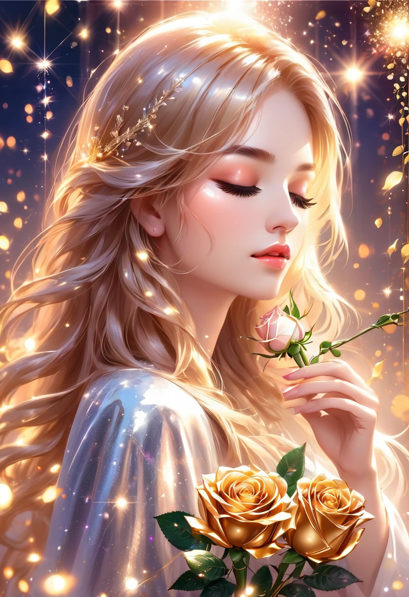 Fantastic background Beautiful girl is holding a rose and smelling it with her eyes closed Sparkling long hair Long eyelashes Blonde long hair Holding a rose with both hands Golden sparkling rose