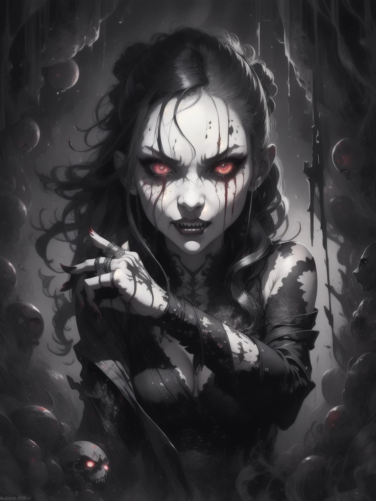 In Anime-art style, pixiv, masterpiece, 1 girl, (Close-up:1.1),Very Close to the Viewer( only half of the face is visible), soft lighting, Bloody sky, bloody environment, bloody rain, dark silhouettes, красный blood vibe, red vibe настроение, red like your blood, vampire life, Gothic, mysterious facial expressions, tattoos, aesthetics, rings and finger rings, web, head covered with dark cloth, Vampirism, на заднем фоне dark silhouettes, the character is closer to the viewer, видно только one eye, Focus on the character, Close-up, symbolism, a ritual, mirrors and paintings in the background, reflections, on the avatar, Dark art style, Blood runs down his face, portrait, leader, leads the concept, silhouettes behind, chaos, the weather is terrible, someone is spectating on her, DALLE, Close-up больших демонических глаз, сложные eyes, Unique Demon Ghouls, These images feature a dark, anime-style warrior with intricate tattoos and glowing red eyes, holding a blood-stained katana. The background includes a moonlit scene with shadowy samurai figures and a mysterious reaper, balanced to give equal focus to both the warrior and the background elements, creating a masterpiece, Digital art, city on the skyline, dark lighting, permission 1:1, blond hair, kimono, katana, Shanghai, nails painted black, in detail, moon and shadows, eyes, в eyesх отражение битвы, mysticism in the background, split personality, в eyesх готовится к битве, необычные eyes, scene, add more details, dark, fingers are proportional, serious look, holding a katana in his hands, only half of the face is visible, dystopia, night lighting, motion blur, красная и кровавая aesthetics, one eye, Close-up