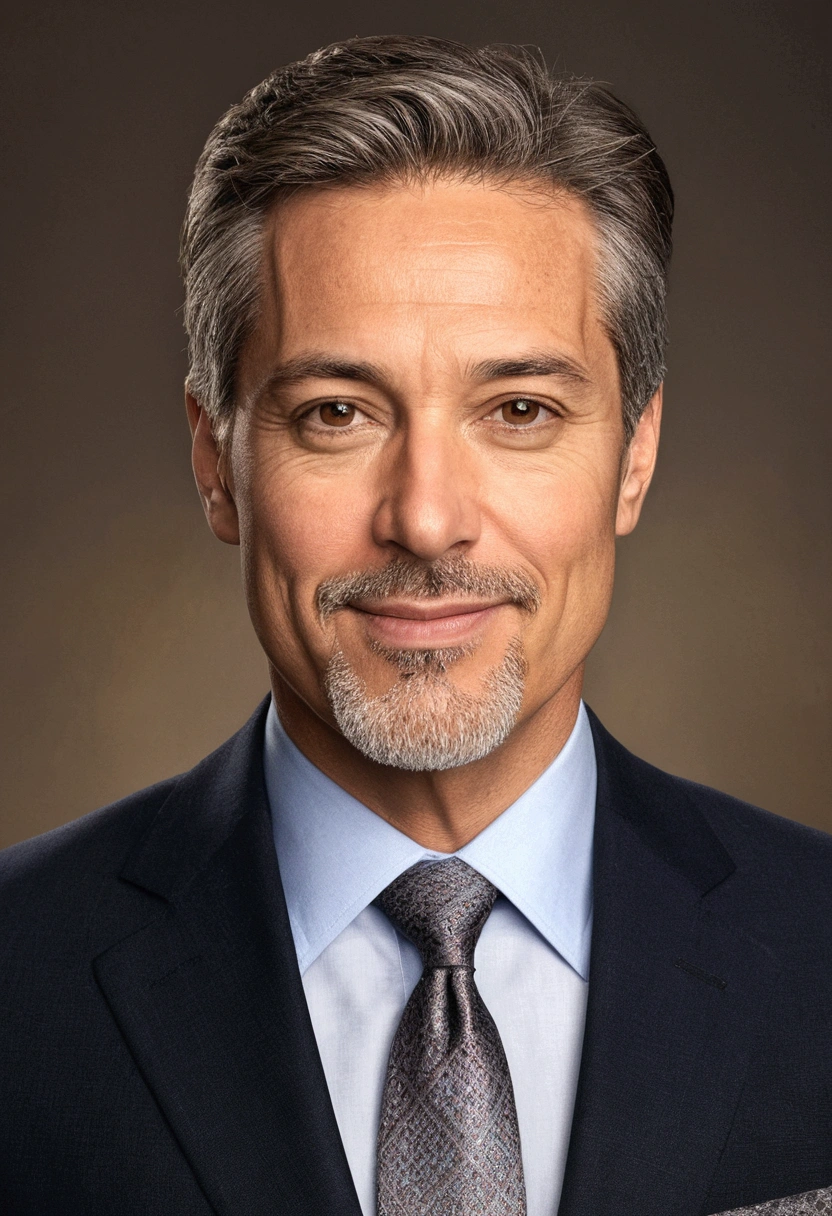 realistic portrait of middle-aged business professional, 110lbs, professionally dressed in a suit and tie, high quality, highest resolution, looking straight into camera, professional, beautiful fine eyes, slight brownish, beautiful lip details, short goatee, short gray hair, kind expression, kind smile, classy appearance, proper lighting, solid background, canvas medium, very detailed textures, Masterpiece: 1.2