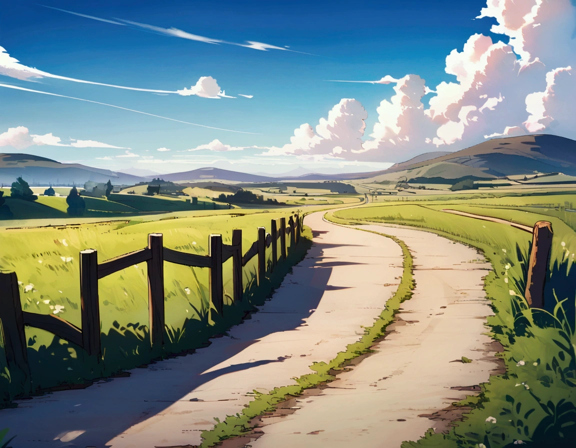 Fantasy,unmanned,background,Plains,Horse driveway,wood々,Beautiful blue sky,Light of the sun,A few small clouds,Daytime scenery,The meandering road,noon,Plains,,