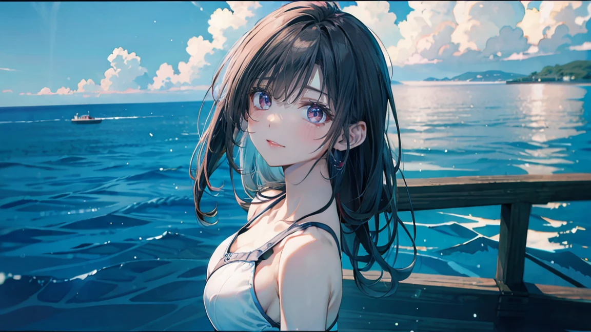 (masterpiece, Highest quality:1.2), 1 Girl, alone,Eyes open,Tropical atmosphere,Ocean,Swimwear