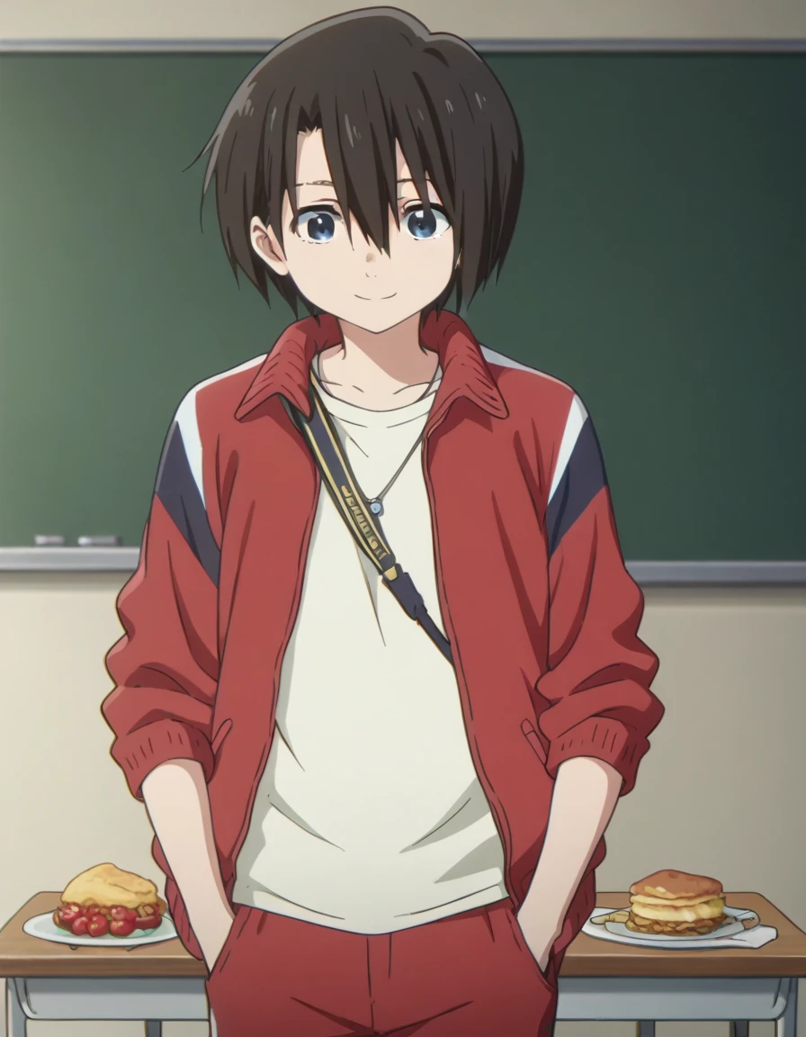 score_9, score_8_superior, score_7_superior, sauce_anime,
yuzurunishimiya, Yuzuru Nishimiya, short hair, blue eyes, Black Hair, Hair between the eyes,
Jacket, Open clothes, pants, Food, open Jacket, Foodie, red Jacket, red pants, track pants,
indoor, classroom, I had already finished, smile,
View your viewers, alone, Cowboy Shot, Dutch Angle,