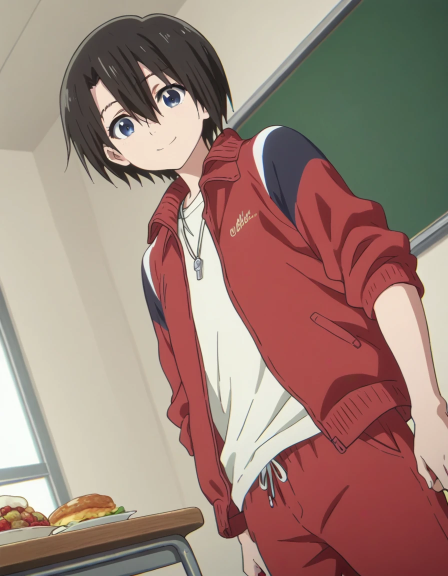 score_9, score_8_superior, score_7_superior, sauce_anime,
yuzurunishimiya, Yuzuru Nishimiya, short hair, blue eyes, Black Hair, Hair between the eyes,
Jacket, Open clothes, pants, Food, open Jacket, Foodie, red Jacket, red pants, track pants,
indoor, classroom, I had already finished, smile,
View your viewers, alone, Cowboy Shot, Dutch Angle,