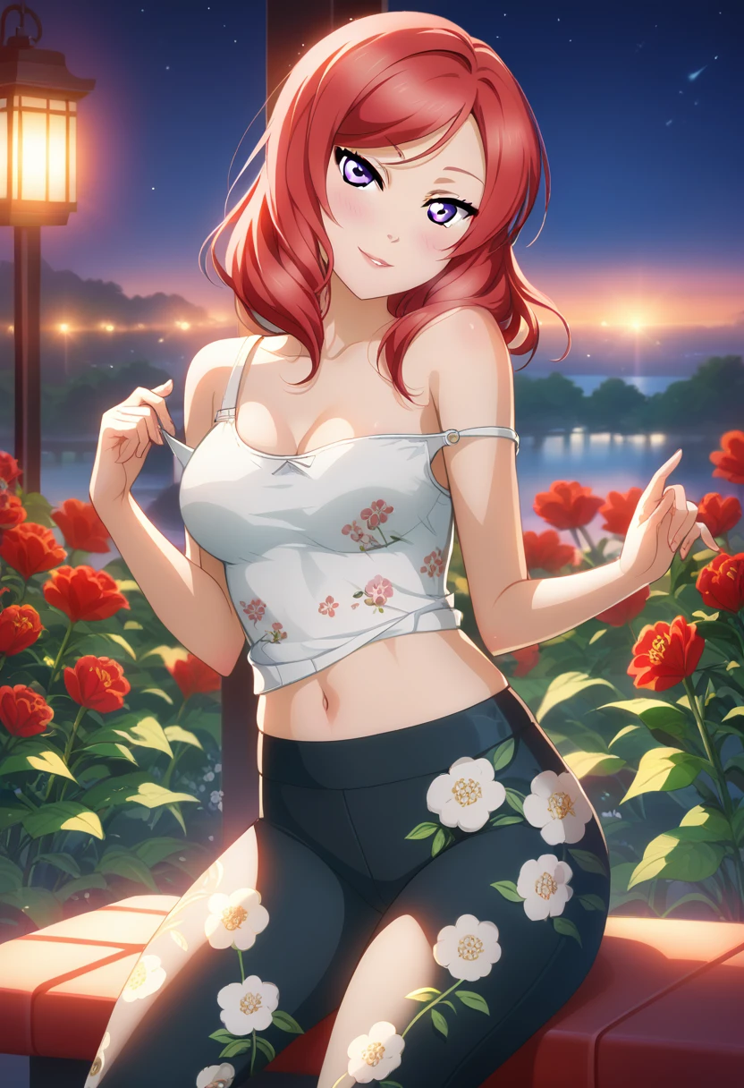 masterpiece, best quality, nishikino maki, purple eyes,red hair, volumetric lighting, illustration, beautiful, tight , Blushing, looking at viewer, flowers printed tank top, yoga pants,solo, curvy body,floral print, seductive smile, (head tilt:1.1),(breathtaking scenery:1.1), blushing, strap slip  