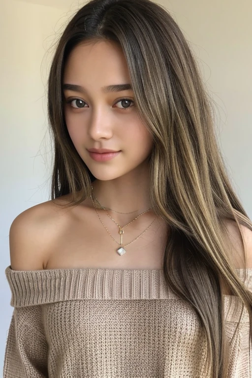 One Girl, Age 19, alone, Long Hair, huge , View your viewers, Blonde, Exposing shoulders, Brown eyes, gem, whole body, necklace, Off the shoulder, sweater, Realistic, Sexy