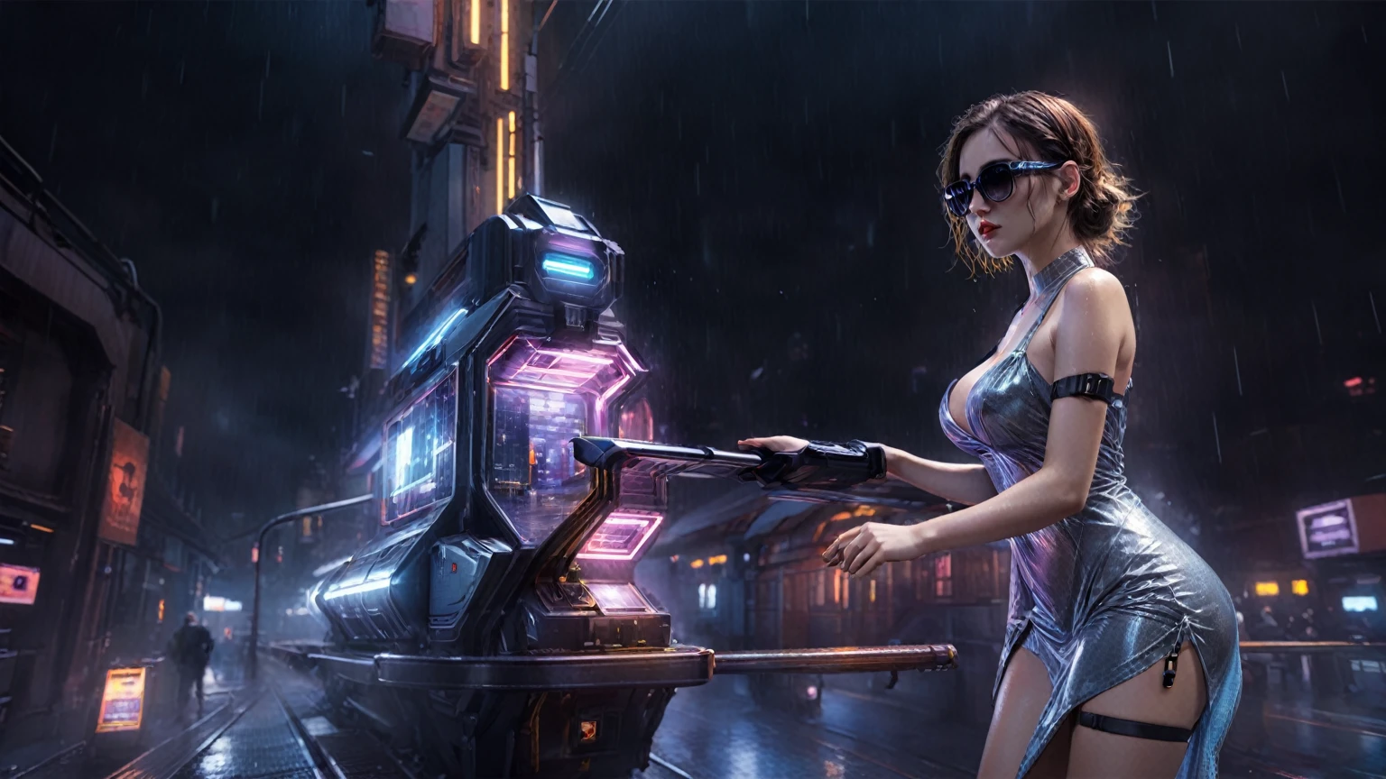 (((aerial view))), Blade Runner style futuristic railway platform, hi-tech train, neon lights, rainy night. (1girl, solo, alone), large-breast:1.2 slim body, cleavage:1.1, sexy wind blowing wet dress:1.4, headphone, (micro:0.8 black sunglasses), ((((((she raised a pistol:1.8 and shot:1.8 the viewer))))), dynamic pose, (((half-body thigh level medium shot))), cinematic lighting, lens flare, ray tracing, blurred:1.4 background.