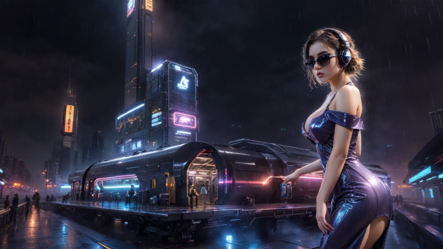 (((aerial view))), Blade Runner style futuristic railway platform, hi-tech train, neon lights, rainy night. (1girl, solo, alone), large-breast:1.2 slim body, cleavage:1.1, sexy wind blowing wet dress:1.4, headphone, (micro:0.8 black sunglasses), ((((((she raised a pistol:1.8 and shot:1.8 the viewer))))), dynamic pose, (((half-body thigh level medium shot))), cinematic lighting, lens flare, ray tracing, blurred:1.4 background.
