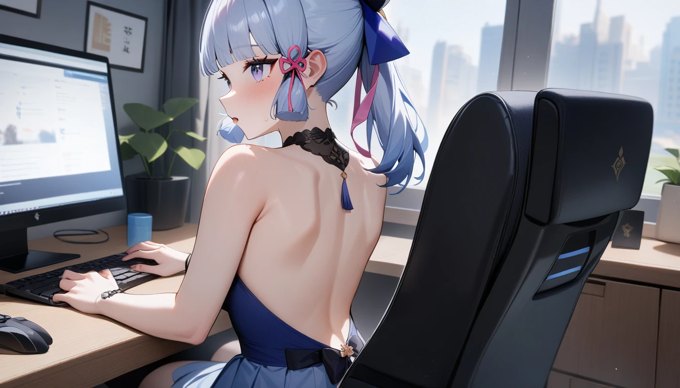 1girl, kamisato ayaka \(heytea\), genshin impact,office,dress,perfect eyes,use computer,back,masterpiece,very aesthetic,newest,sensitive