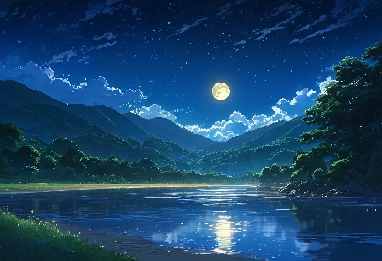 A painting of a river, stars and the moon in the sky, In bright colors, by makoto shinkai. Concept art inspired by Mitsuoki Tosa, pixiv Contest Winner, Highest quality, Fantasy art, Beautiful anime scene, Golden Moon, No humans, Starry Sky, scenery, cloud, Shine, the scenery of night landscapes, Mountain, Rivers. Bright Moon, Starry Sky environment under the moonlight, Dream Painting, Anime Background art, Fantasy Landscape Painting, A dreamlike night, Anime Background, Background artwork, Dreamy Art, Atmospheric anime, Starry Sky, Detail enhancements.high resolution,reality,Emotional,beautiful,Transparency,Real