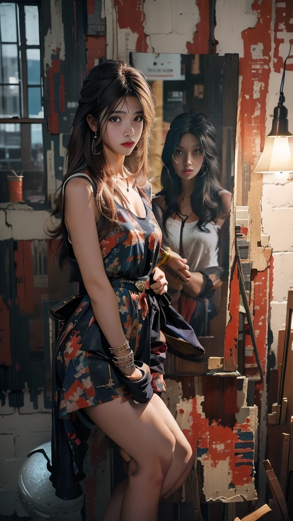 A serene evening atmosphere in a small studio with peeling white walls revealing the bricks underneath. The lighting is ample. A young female artist of Thai- Chinese descent, with dreadlocks and large headphones, is dressed in a Bohemian-style shirt and denim shorts. She is painting an oil portrait of a voluptuous woman with long copper hair adorned with a crown. The artist, with a calm demeanor, carefully blends vibrant colors, reflecting elegance and beauty. The backdrop of the small studio is filled with brushes, palettes, a coffee cup, and an ashtray with a lit cigarette. The evening sunlight adds depth and dimension to the scene.