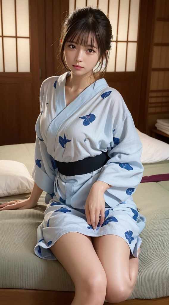 Highest quality, figure, Super detailed, In detail, High resolution, 8k wallpaper, Perfect dynamic composition, Beautiful attention to detail, Japanese Beauty、Brown Hair、Sleeping in a pile、Pitch-Dark Room、Japanese-style room、Yukata at a Ryokan、barefoot、White panties visible from the bottom of the yukata、Sleeping on your back、Spread your legs