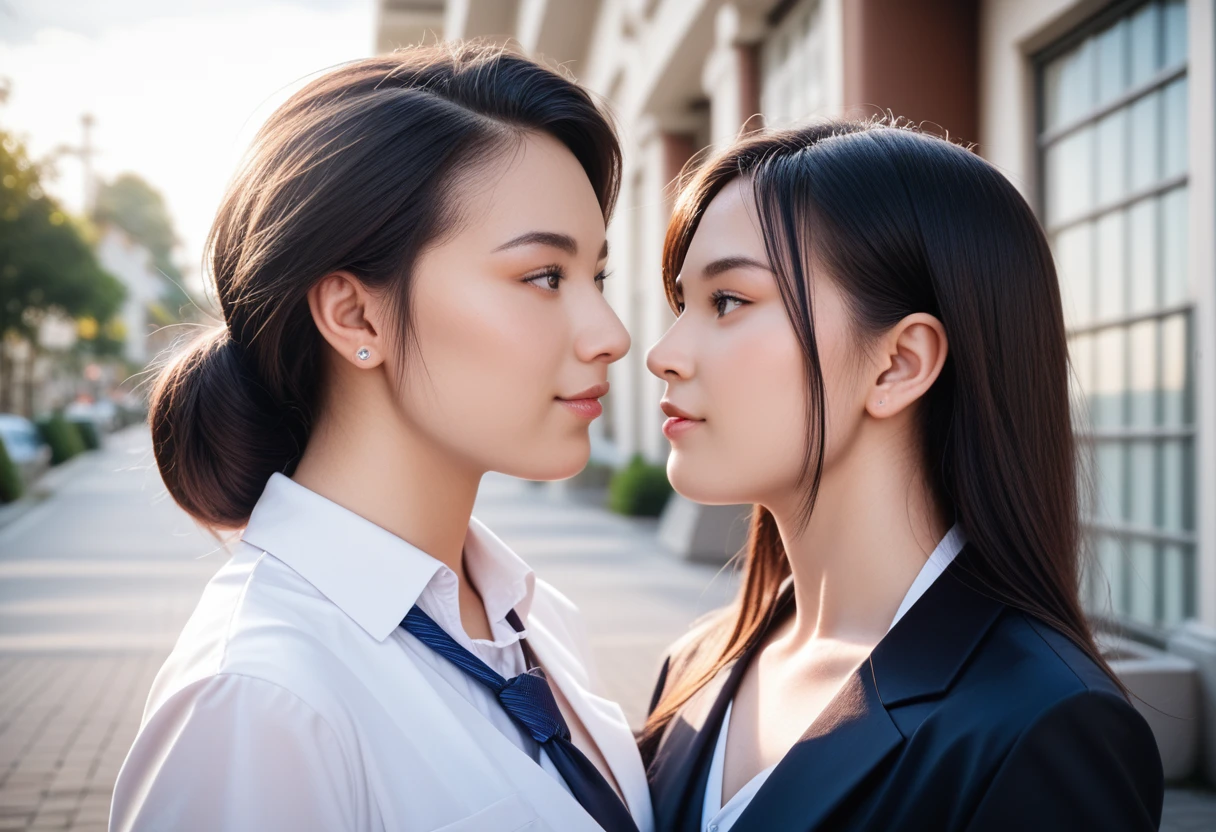 8k, raw photo, best quality, masterpiece, realistic, photo realistic, clear, professional lighting, beautiful face, best quality,ultra high res, realistic japanese beautiful, Super detailed, 1girl, outdoor, looking at another