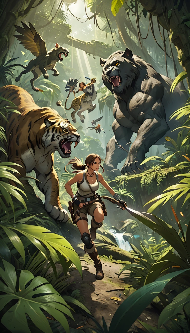 (Lara Croft),(fighting),beasts,jungle,Jungle exploration,detailed