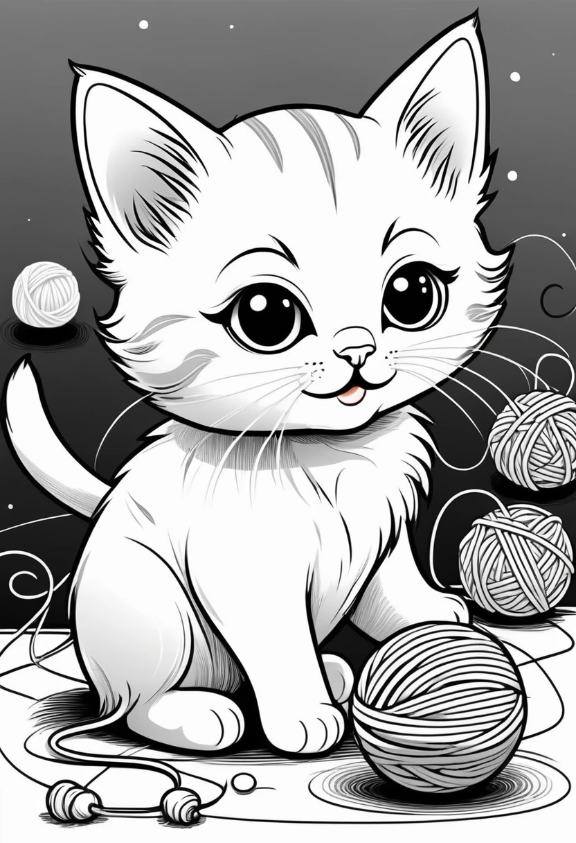 A clean and simple black and white drawing to color, featuring an adorable baby cat. Meanwhile the kitten will be playing with a ball of wool, showing his cheerful spirit. The illustration is designed with bold, thick lines, perfect for children to fill in with color. The overall style is reminiscent of classic cartoon characters, creating a cheerful and pleasant atmosphere., illustration, illustration