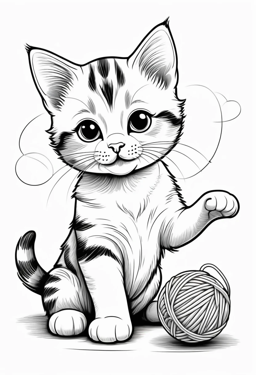 A clean and simple black and white drawing to color, featuring an adorable baby cat. Meanwhile the kitten will be playing with a ball of wool, showing his cheerful spirit. The illustration is designed with bold, thick lines, perfect for children to fill in with color. The overall style is reminiscent of classic cartoon characters, creating a cheerful and pleasant atmosphere., illustration, illustration