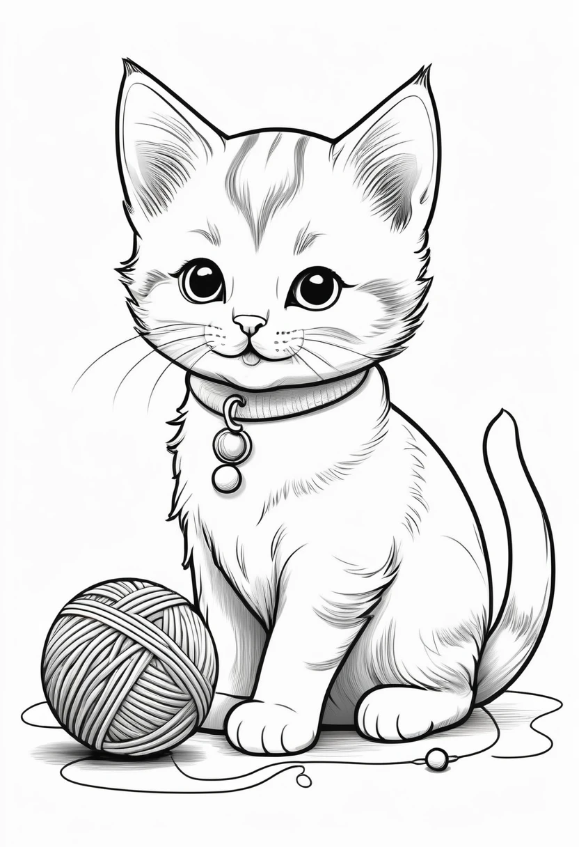 A clean and simple black and white drawing to color, featuring an adorable baby cat. Meanwhile the kitten will be playing with a ball of wool, showing his cheerful spirit. The illustration is designed with bold, thick lines, perfect for children to fill in with color. The overall style is reminiscent of classic cartoon characters, creating a cheerful and pleasant atmosphere., illustration, illustration