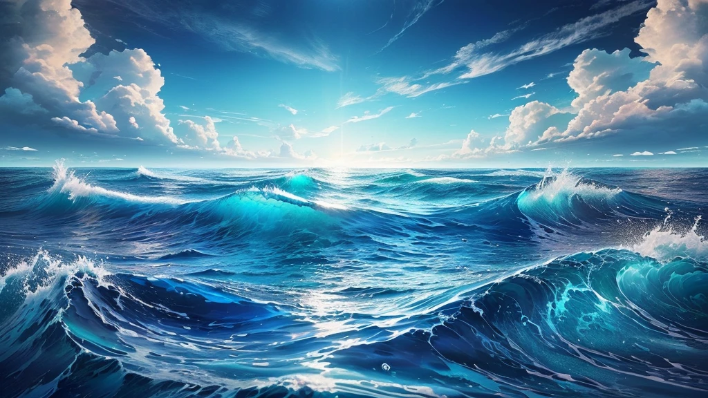 there is a picture of a Beautiful sea scene with a sky background, Blue water wave, Beautiful sea, fantastic sea scenery, blue sea, wild Ocean Background, Magical Ocean, Ocean Background, Realistic sea, Rippling ocean waves, photos of the ocean, In the middle of the sea, pristine Rippling ocean waves, Vaporwave Surreal Sea, blue sea