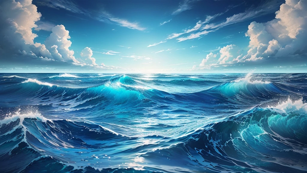 there is a picture of a Beautiful sea scene with a sky background, Blue water wave, Beautiful sea, fantastic sea scenery, blue sea, wild Ocean Background, Magical Ocean, Ocean Background, Realistic sea, Rippling ocean waves, photos of the ocean, In the middle of the sea, pristine Rippling ocean waves, Vaporwave Surreal Sea, blue sea