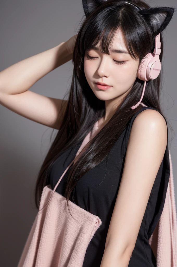 1 girl,hair over shoulder, half-closed eyes, cat ear headphones, blush, super detail, 8k