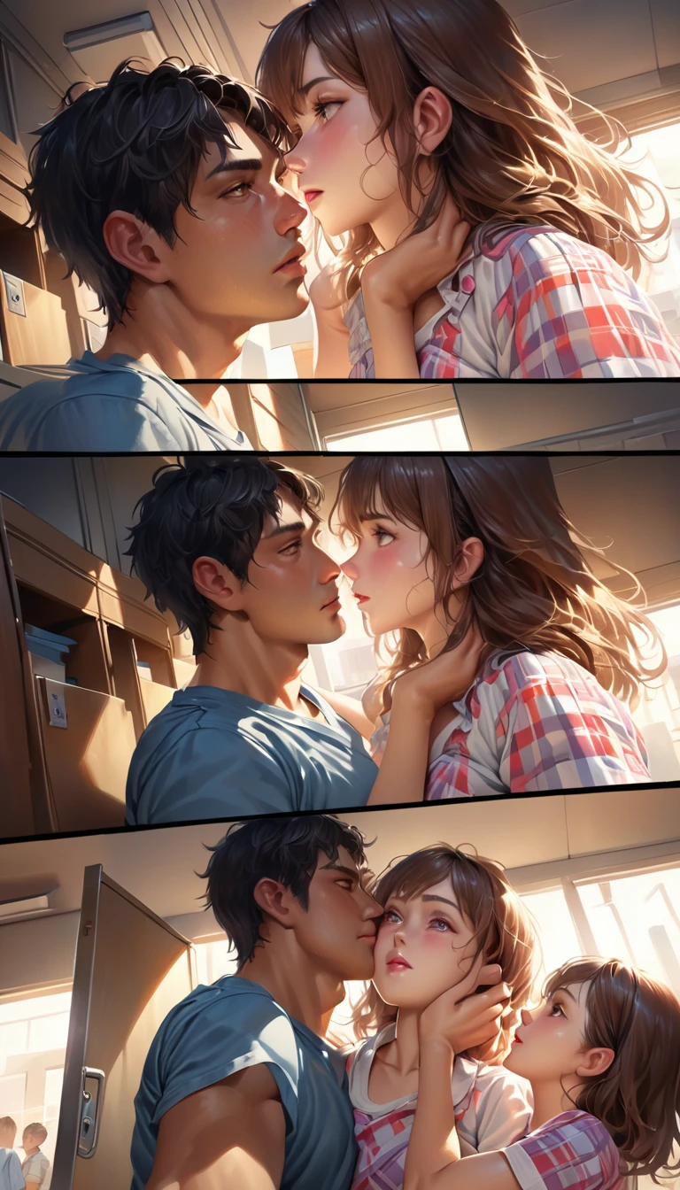 (best quality,ultra-detailed,realistic:1.37),humor,comic style,bold lines,vibrant colors, (Angle from below:1.3), Romantic comedy, high school (couple:1.2) getting along in a school locker, packing tightly, A boy and a girl face each other in close contact, Crowded, (Summer clothes shirt:1.2), the girl was not wearing a blazer, but a blouse and ribbon, and a pleated checked miniskirt.
