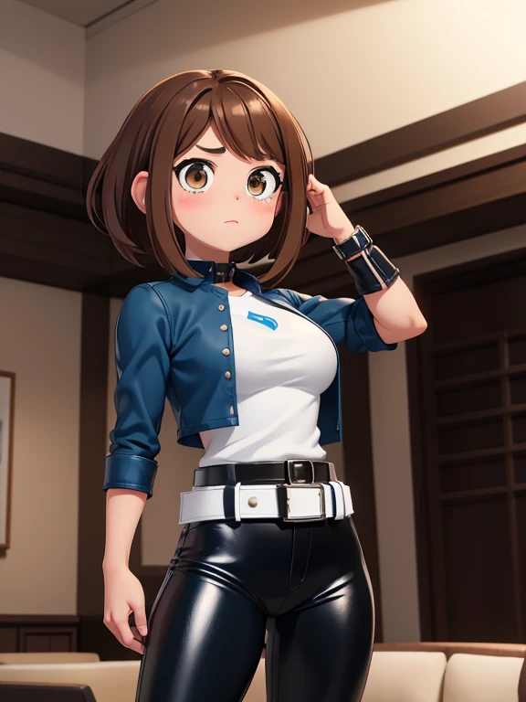 1girl, solo, Imagine Ochaco Uraraka as an adult, 45 years old, brown hair, brown eyes, blush stickers, short hair, Mature Face, brown hair, brown eyes, blush stickers, short hair, medium breasts, curvy female, thick thighs, voluptuous female,((Wearing: dark blue top, white belt, black shiny leather pants and white heels)), indoors, detailed background, living room, wide shot, (Standing:1.2)