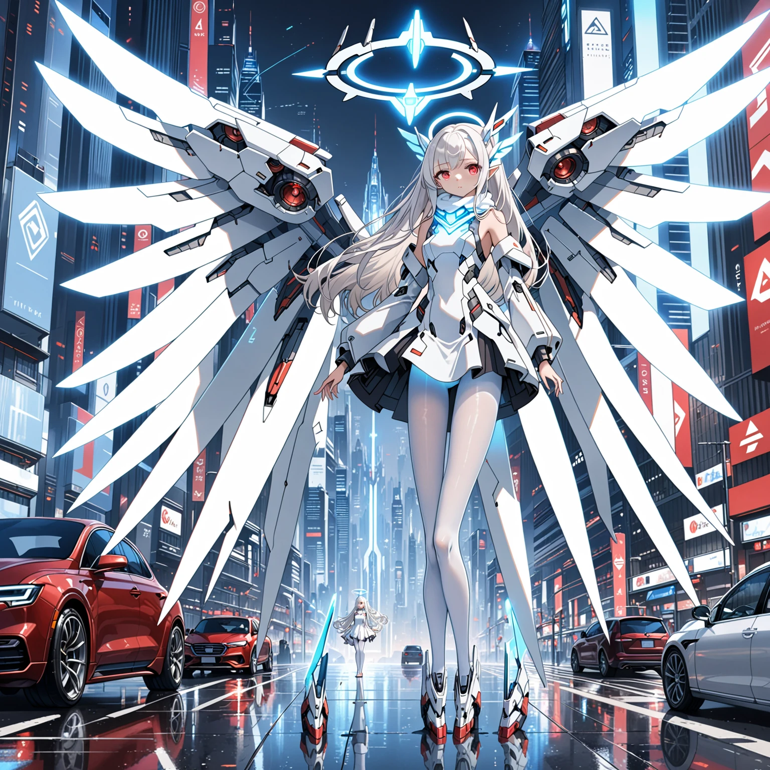 masterpiece, highest quality, highest resolution, clear_image, detailed details, white hair, long hair, 1 girl, car ears, red eyes, futuristic wings, futuristic halo, white sci fi mecha dress, white scarf (around the neck withn a light blue glow), white pantyhose, full body, no water marks, city