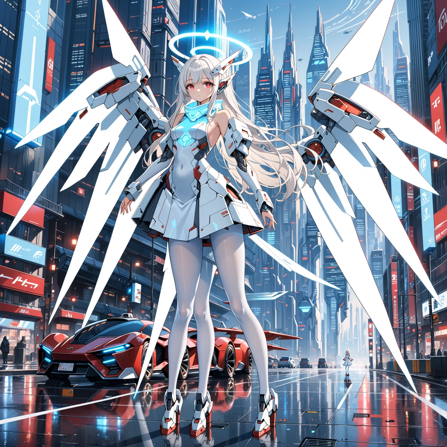 masterpiece, highest quality, highest resolution, clear_image, detailed details, white hair, long hair, 1 girl, car ears, red eyes, futuristic wings, futuristic halo, white sci fi mecha dress, white scarf (around the neck withn a light blue glow), white pantyhose, full body, no water marks, city