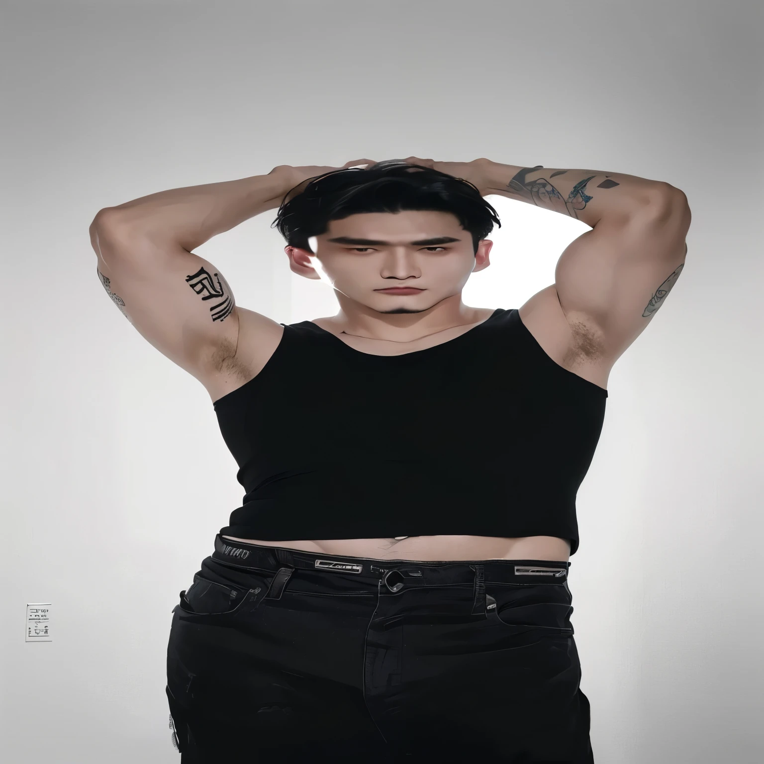 chiseled man with tattoos on his arms and arms behind his head, cai xukun, wearing a tank top decotada, tight black tank top, wearing a tank top, armpit, Hong Jun Hyung, hyung tae, south korean man, wearing tank top, Wonbin Lee, Tae June Kim, 2-1 year old Korean muscular boy, androgynous man