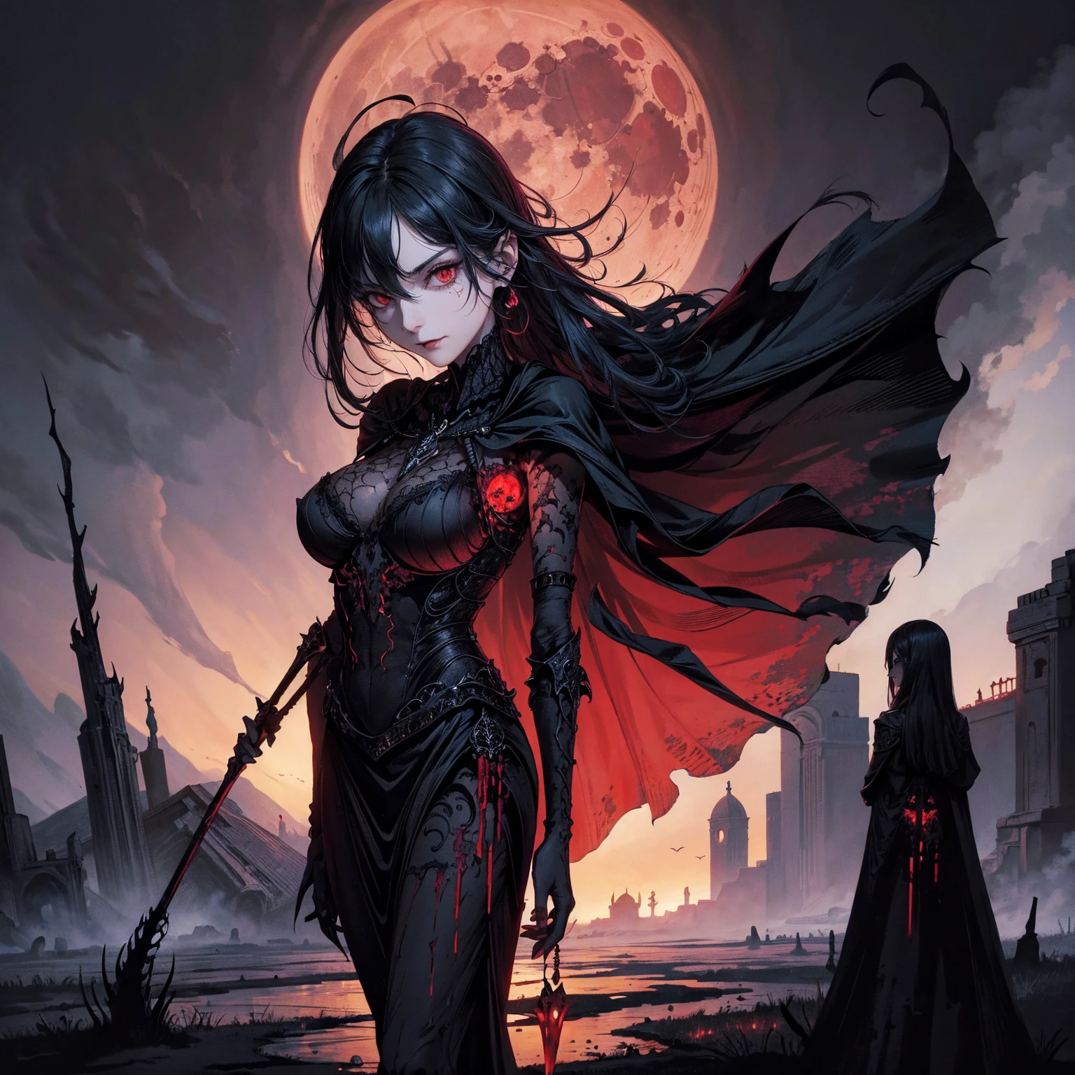 best quality, 4K, high resolution, masterpiece:1.2, Very detailed, actual:1.37, Mood lighting, Female undead half-skeleton lich in a long cape, Half side of the face has no flesh but skull, Hand and arm has no flesh but skeleton bones, Wearing a ragged gothic skirt, Aloofness emotion, Dangerous sneer, Beautiful but cruel smile, Black Hair, Standing, Facing the camera, Crucified, Pitch black sky, Blood-red moon, strange atmosphere, Gothic style, Unforgettable beauty, Dramatic shadows, Ethereal Light, Mysterious atmosphere.