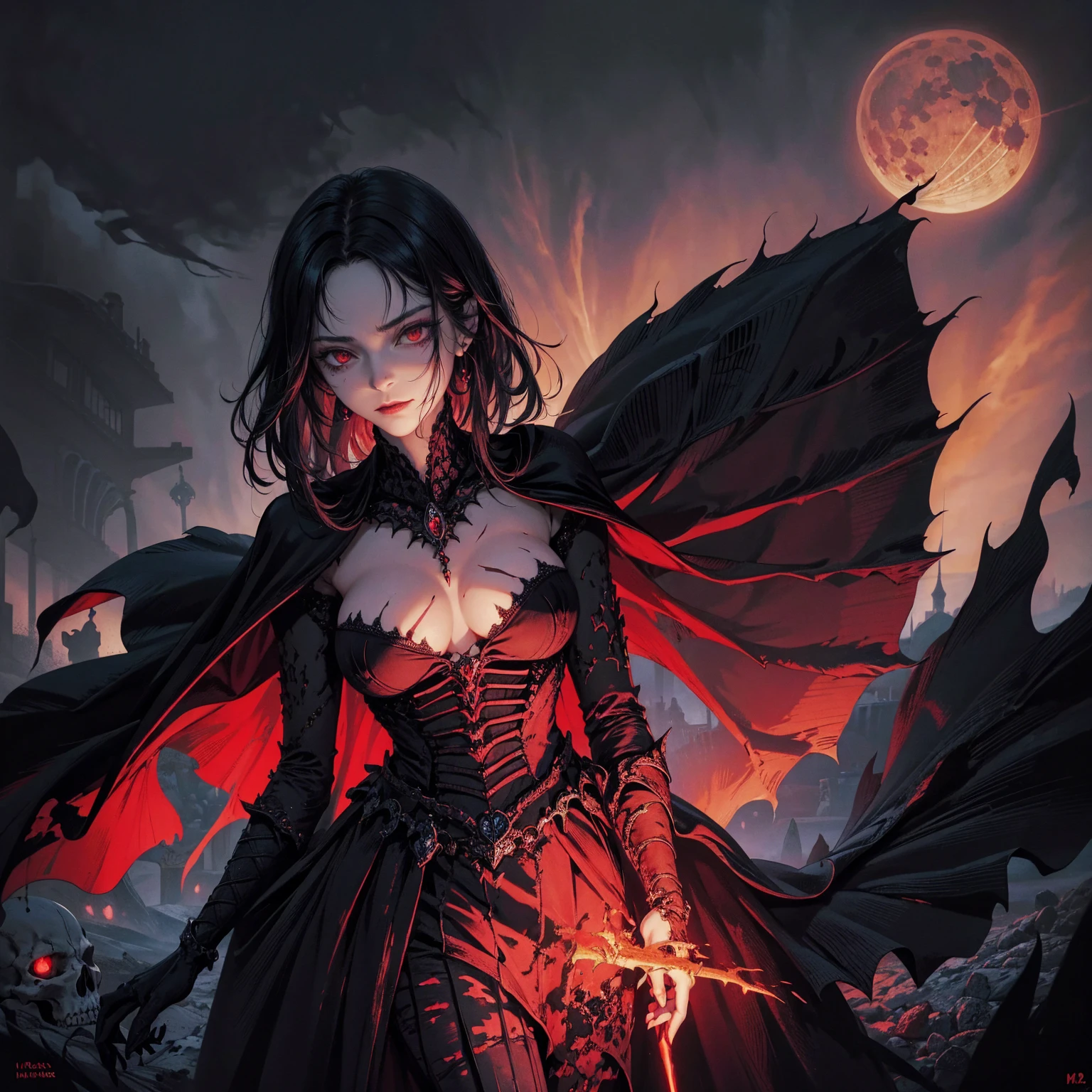 best quality, 4K, high resolution, masterpiece:1.2, Very detailed, actual:1.37, Mood lighting, Female undead half-skeleton lich in a long cape, Half side of the face has no flesh but skull, Hand and arm has no flesh but skeleton bones, Wearing a ragged gothic skirt, Aloofness emotion, Dangerous sneer, Beautiful but cruel smile, Black Hair, Standing, Facing the camera, Crucified, Pitch black sky, Blood-red moon, strange atmosphere, Gothic style, Unforgettable beauty, Dramatic shadows, Ethereal Light, Mysterious atmosphere.
