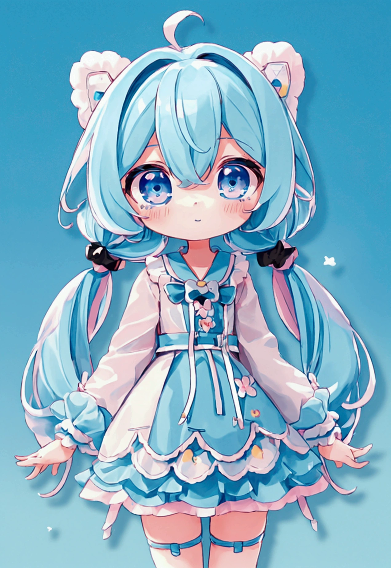 (high quality:1.6, 最high quality:1.6, detailed, 4K), (Cute style chibi girl,Twin tails,electricity,soft, colorful, delicate, Expressive, texture, sharp, Black and blue)
