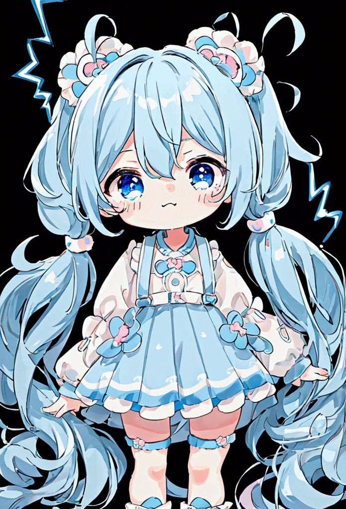 (high quality:1.6, 最high quality:1.6, detailed, 4K), (Cute style chibi girl,Twin tails,electricity,soft, colorful, delicate, Expressive, texture, sharp, Black and blue)