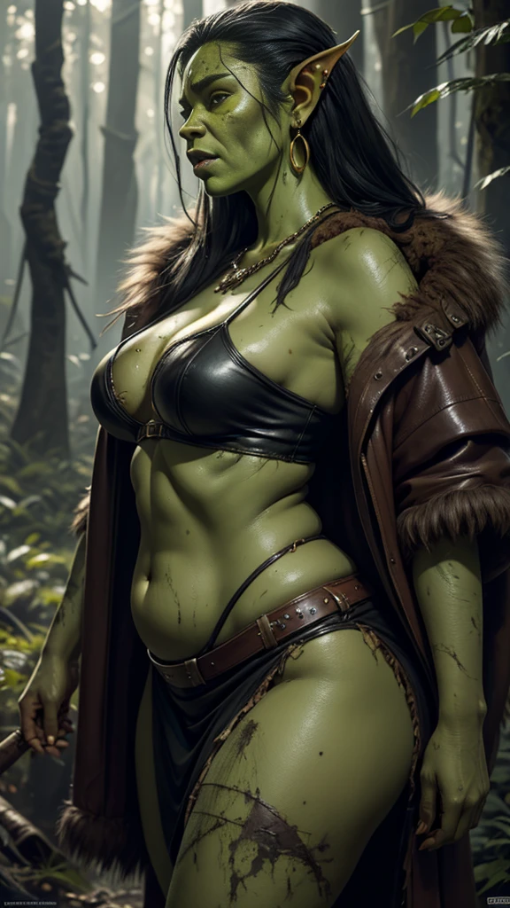 Young orc woman, female orc, chubby, fearsome, walking in the forest, overweight, dirty hair, ((green skin)), skin imperfections, skin dentation, detailed eyes, big saggy breasts, wide hips, round belly, sharp Focus, ultra high quality, crazy details, intricate pose, (wearing dirty leather and fur clothes), tribal tattoos, (wearing dirty linen dress), dirty clothes and skin, deep cleavage, 8k uhd wallpaper, masterpiece, photography, hyperrealistic, intricate shooting angle, orczor, shewoworc, naz_grandmight, view from side, bone jewelry