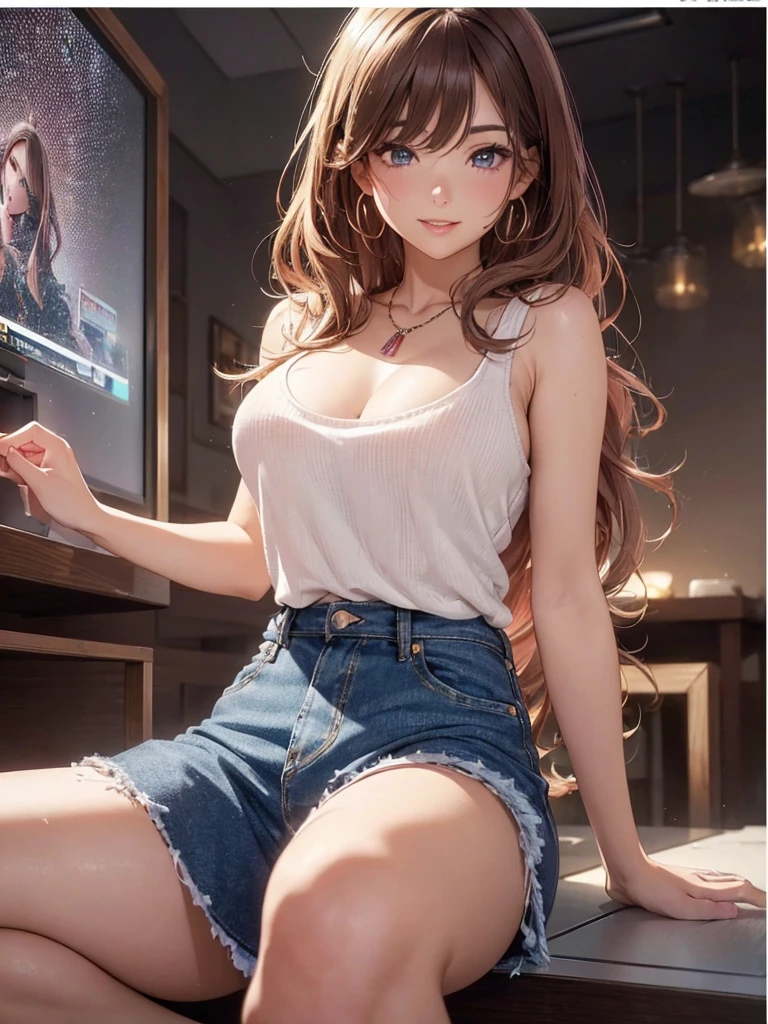 (Tabletop: 1.3), (Maximum resolution: 1.2), (Ultra HD TV: 1.2), Cinematic light, Ultra HD TV, (Detailed eyes and skin), (Detailed facial features), Hmph, 8k resolution, Sharp focus: 1.2, Perfect Style, Beautiful Face, Perfect body, Accurate, Anatomically correct, Highly detailed face and skin texture, Detailed eyes, Dark blue eyes, double eyelid, Thin eyebrows, Glitter Eyeliner: 1.2, Natural Cheeks, Glowing Skin, Fair skin: 1.2, Shiny little necklace and earrings, (Glossy Lips: 1.4), break, First Person View, (She is a very cute female teacher), (Pink lace panties), (Captivating smile: 1.2), ((Pure and cute girl:1.3)), (Long Wavy Hair), (Light Brown Hair:1.2),  (Cowboy Shot: 1.2), break, ((Very close relationship: 1.2)), Medium large breasts, ((View your viewers:1.2)), ((Hot Spring Trip:1.2)), ((Bend your knees and open your legs wide:1.2)), (From the side:1.2),Low angle shot,Sleeveless sweater　Tight jeans mini skirt　Embarrassed look　Kamimei