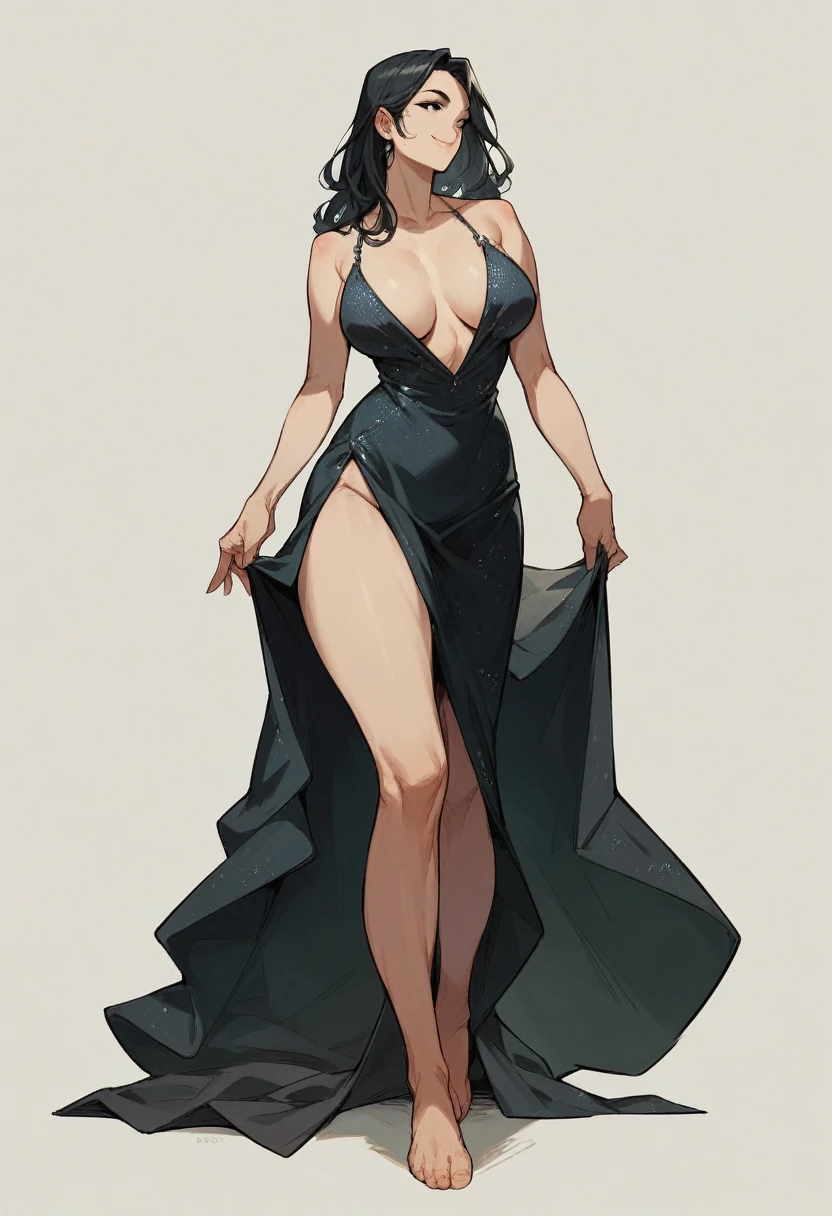 Score_9, Score_8_up, Score_7_up, 1 girl, black hair, black eyes, curvy figure, smile, evening dress, large bust, barefoot, front view, looking forward, standing, simple background, white background,