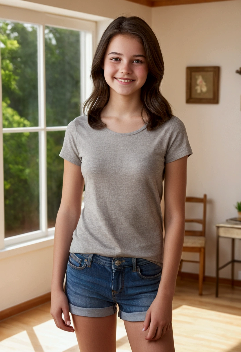high quality, realistic, full-body portrait of a 15-year-old girl, dark brown hair, smiling, slightly smaller breasts, athletic build, height 150cm, detailed eyes, clear skin, natural lighting, full-body view from head to toe in a wide-angle shot, showing entire body in a general plane perspective, standing pose with relaxed posture, hands in a model pose with anatomically correct fingers, fingers close together, well-defined thumb, accurate nail details, no distortion, looking directly at the photographer, background featuring an indoor house setting, enhanced skin texture with visible pores and fine details, smooth and realistic skin, rich depth of field, 8k resolution, ultra-detailed, photorealistic, natural shadows and highlights