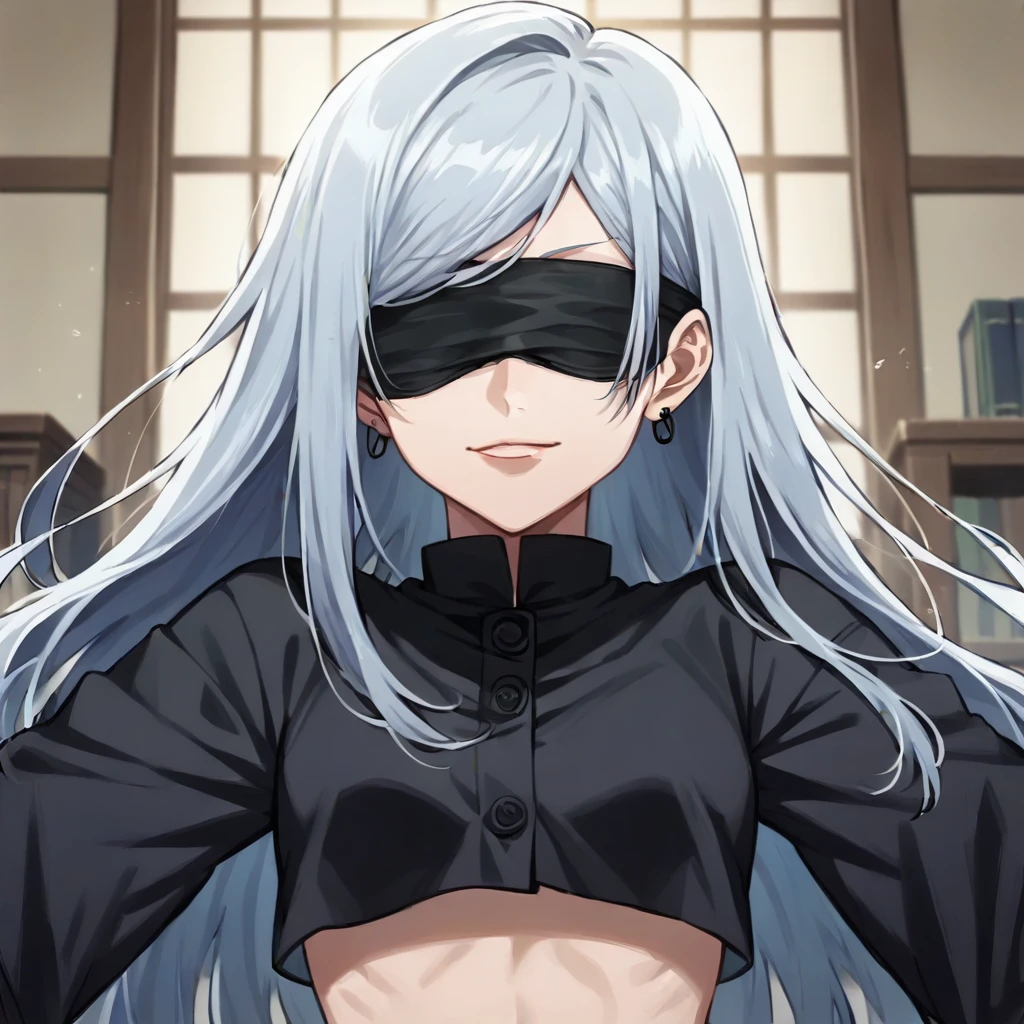 1girl, female gojo satoru, anime screencap from jujutsu kaisen, gojo satoru female version, solo, long_hair, ((wearing black blindfold)) ((White_hair)), night view, upper_body, smile, indoors, book, lips, (long hair) ((wearing black colour crop top with full sleeves and black colour pant)), "very detailed and high resolution" (black blindfold) ((solo)) (((front view))) (earings) ((high resolution)) ((good quality)) ((silky hair))
