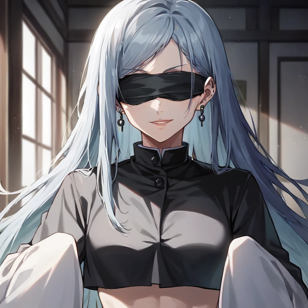 1girl, female gojo satoru, anime screencap from jujutsu kaisen, gojo satoru female version, solo, long_hair, ((wearing black blindfold)) ((White_hair)), night view,  upper_body, smile, indoors, book, lips, (long hair) ((wearing black colour crop top with full sleeves and black colour pant)), "very detailed and high resolution" (black blindfold) ((solo)) (((front view))) (earings) ((high resolution)) ((good quality)) ((silky hair)) 